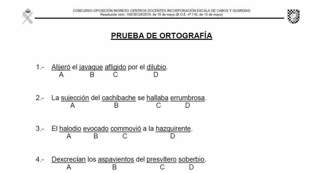 Extracto del cuestionario de ortografía que tuvieron que responder los alumnos que se examinaron el sábado.