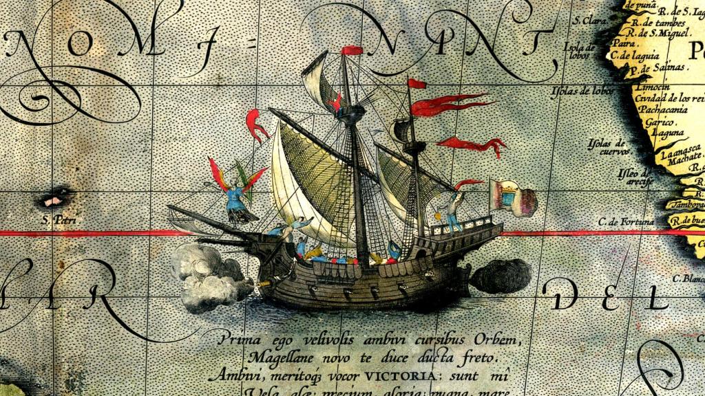 Detalle de un mapa de Abraham Ortelius que muestra la nave Victoria (1590).