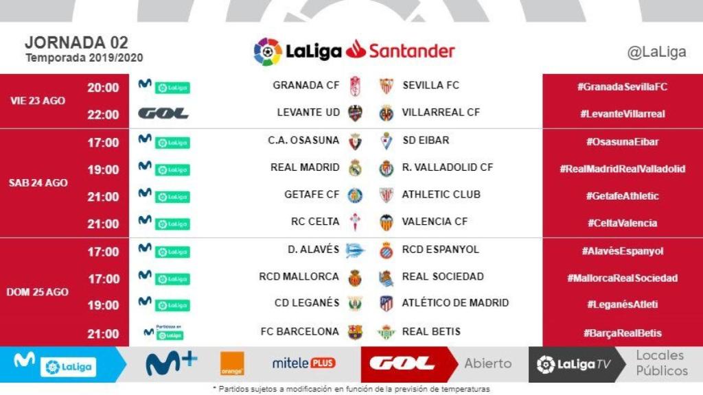 Horarios de la jornada 2 de La Liga