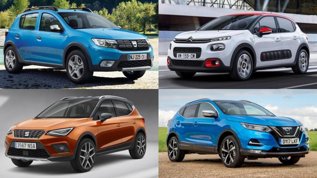 De izquierda a derecha y de arriba a abajo, Dacia Sandero, Citroen C3, Seat Arona y Nissan Qashqai