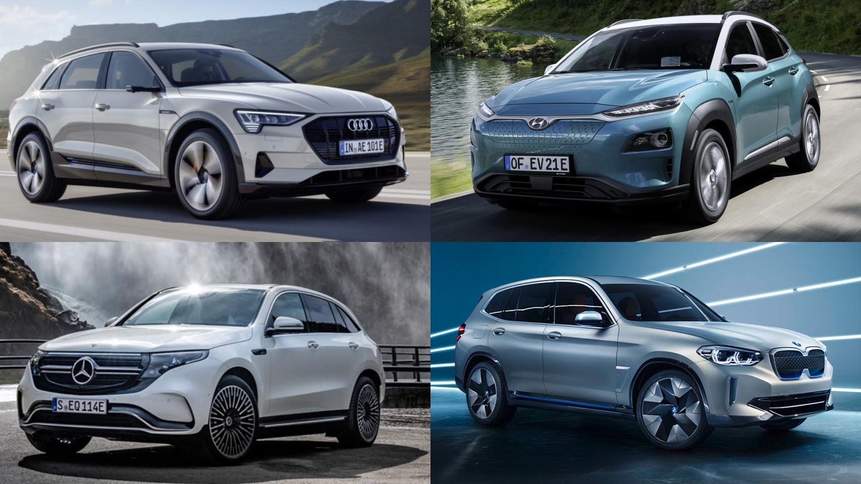 De izquierda a derecha y de arriba a abajo, Audi e-tron, Hyundai Kona, Mercedes EQC y BMW iX3