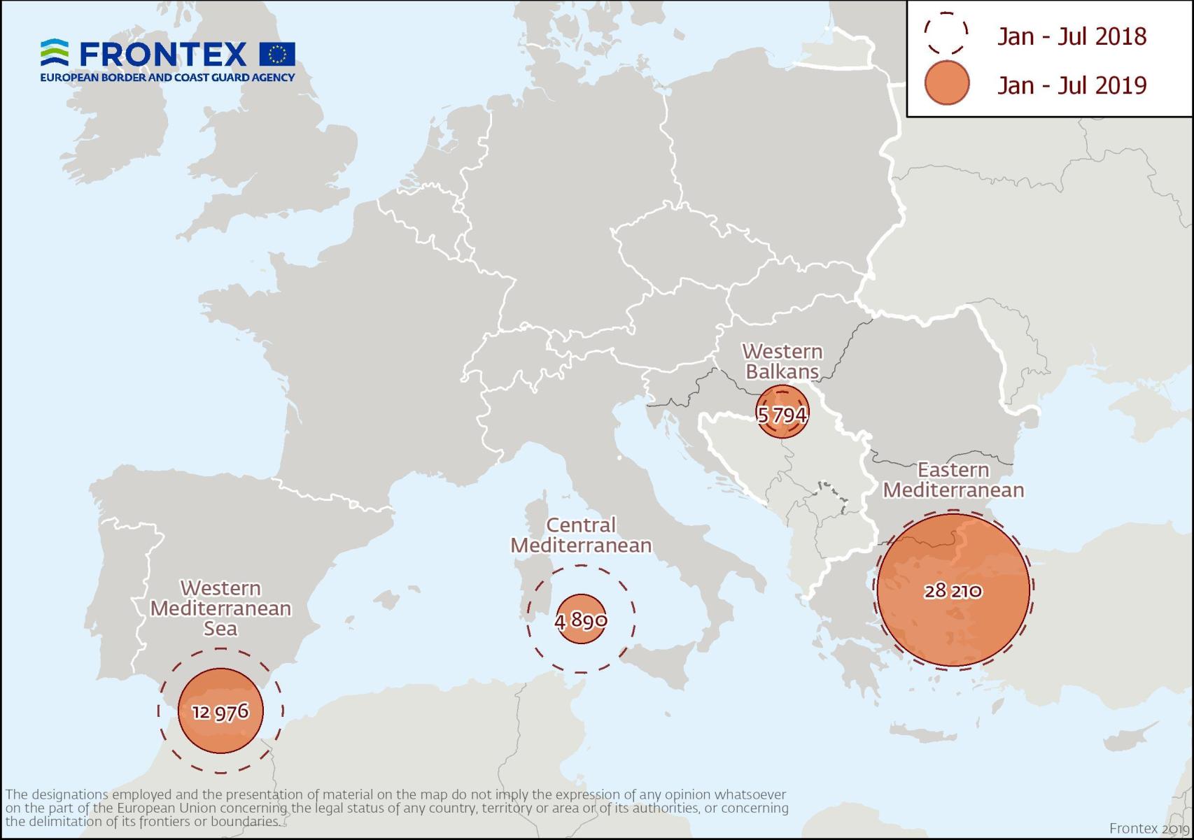 Gráfico de Frontex sobre los flujos migratorios en el Mediterráneo.