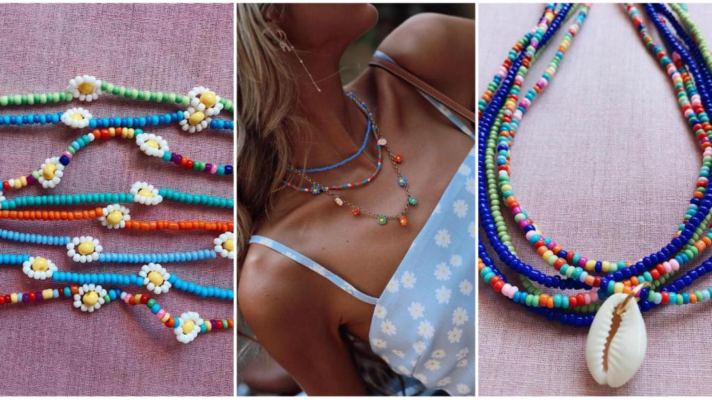 Algunos de los diseños de abalorios de Salitre Jewelry, y en el centro, la 'influencer' Paula Argüelles luciéndolos.