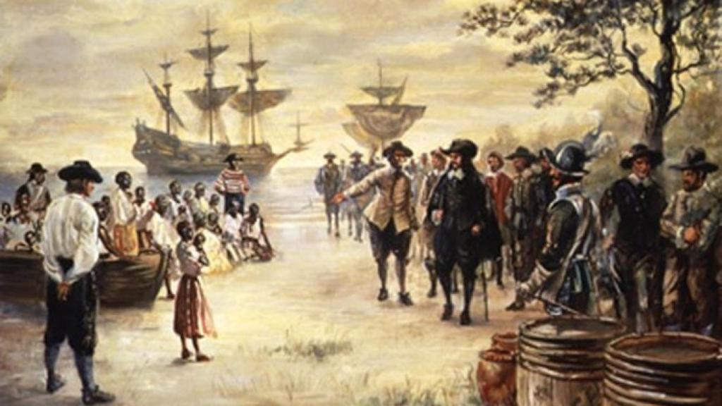 Pintura de la llegada de los primeros africanos a Estados Unidos (1619).