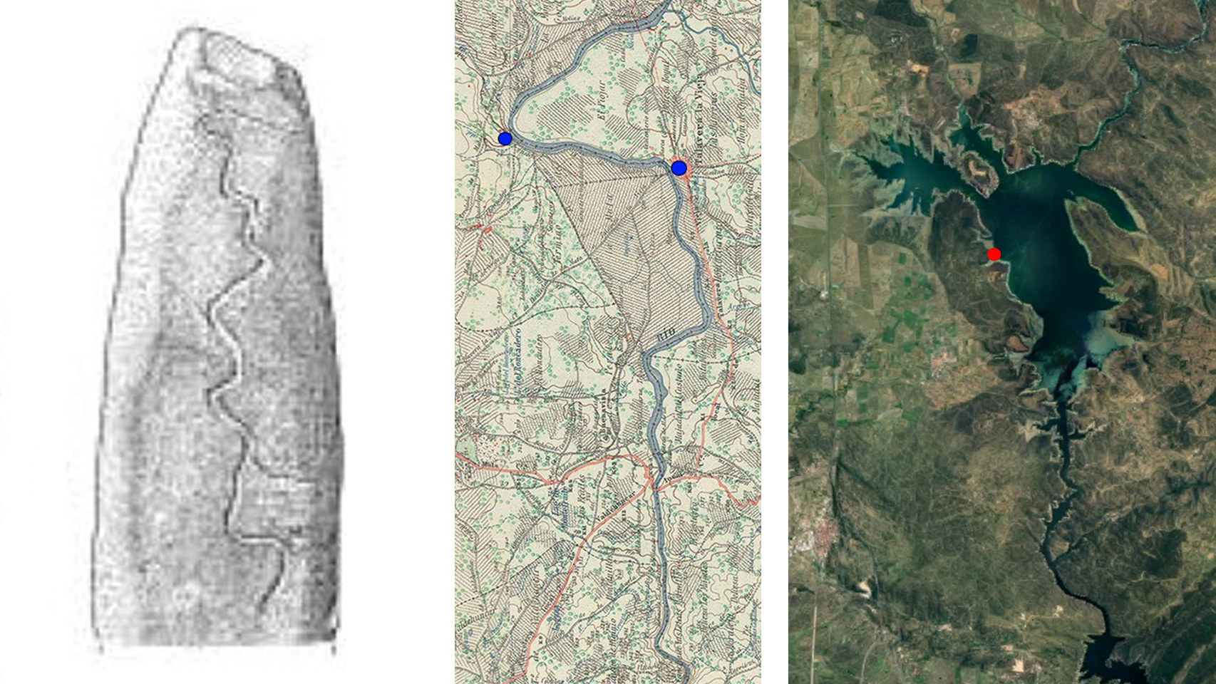 Comparación de la inscripción del menhir, el Tajo antes de la construcción del pantano y el estado actual del río.