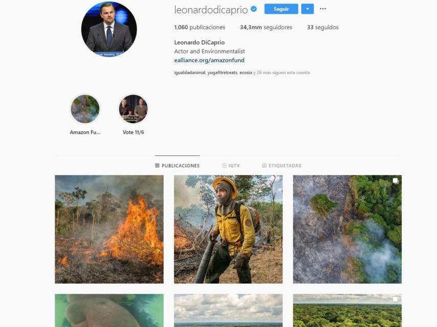 Captura del perfil de Leonardo DiCaprio en Instagram.