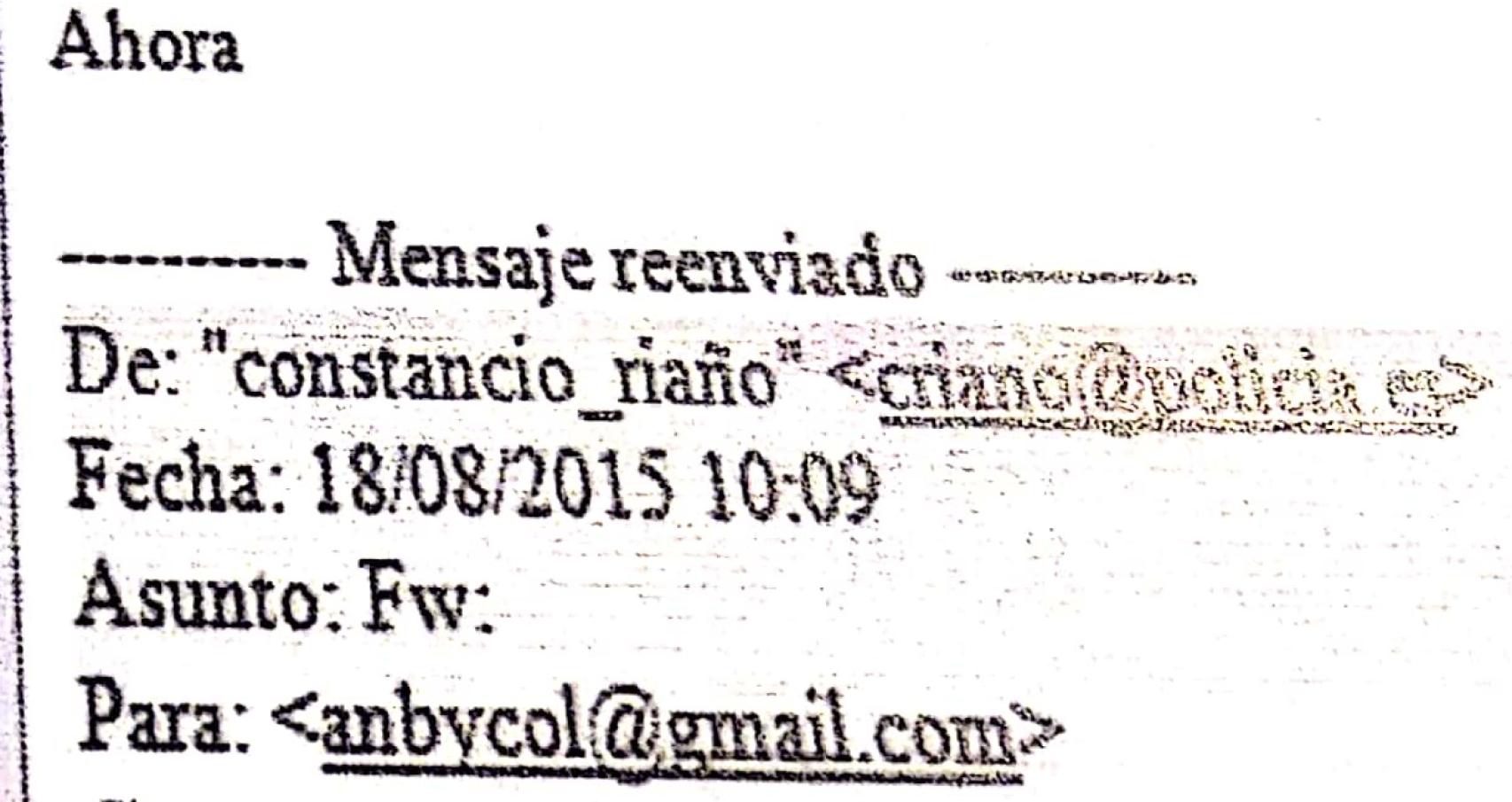 Correo electrónico intercambiado entre Constancio Riaño y Rafael Redondo