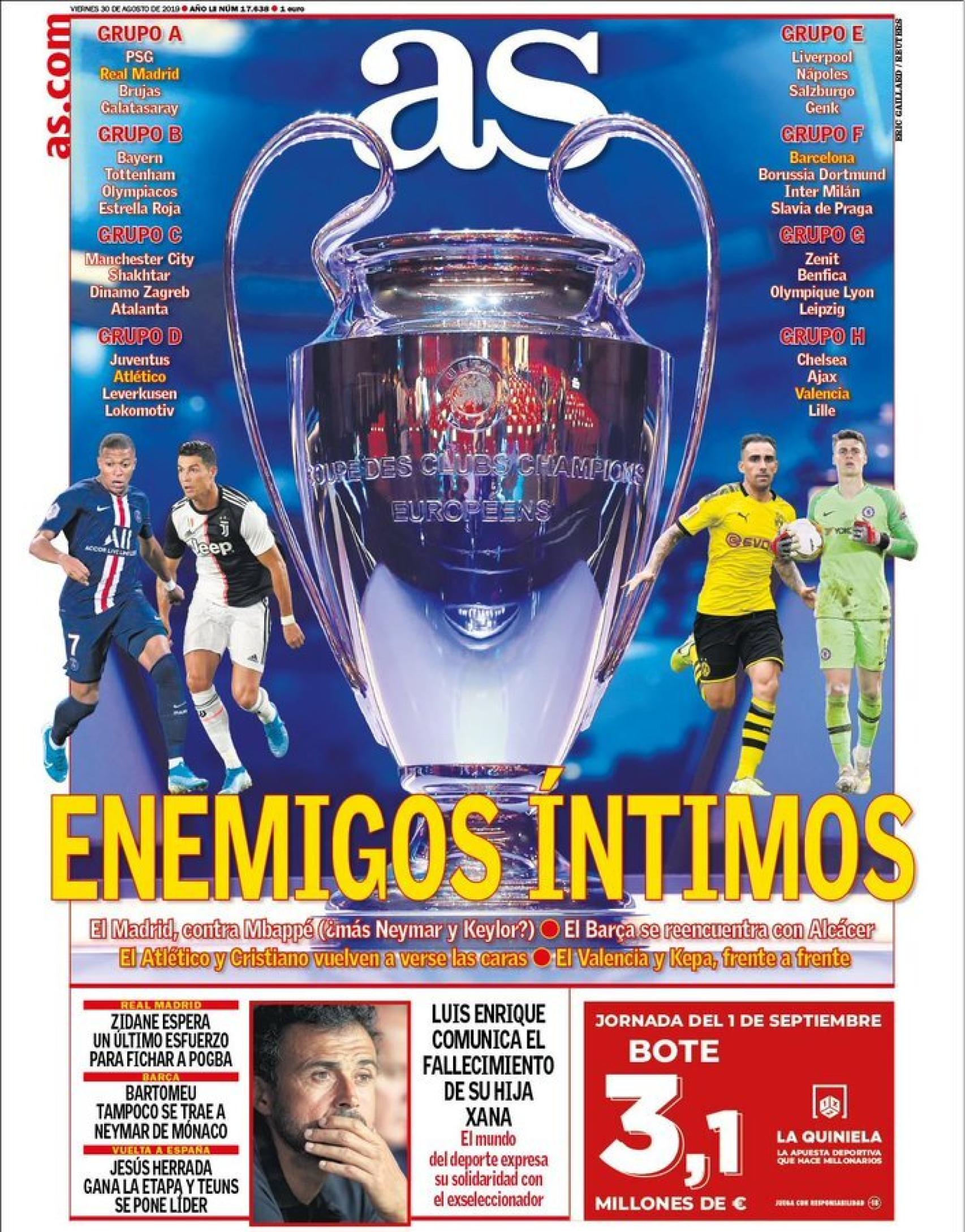 La portada del diario AS (30/08/2019)