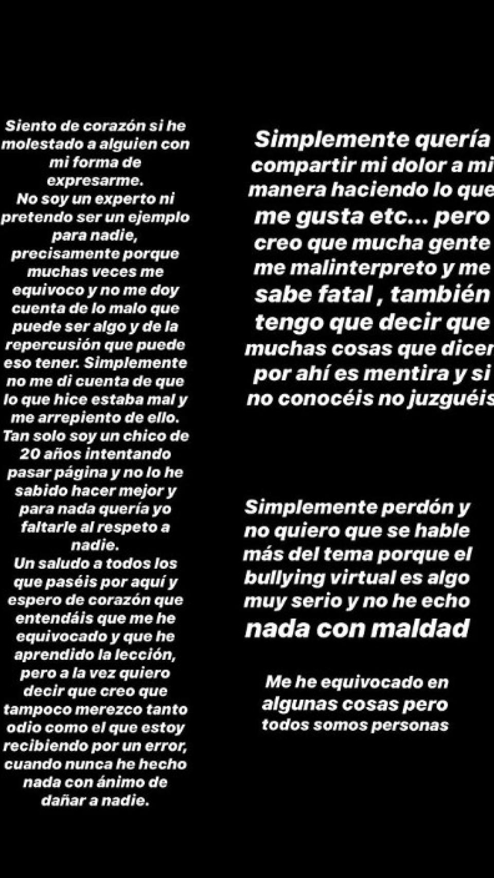 Jordi ha expresado en Instagram su arrepiento por los vídeos que subió con la muerte de su abuelo.