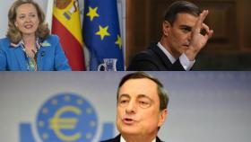 Nadia Calviño, Pedro Sánchez y Mario Draghi.