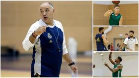 Pablo Laso y algunos jugadores del Real Madrid en el primer entrenamiento de pretemporada.