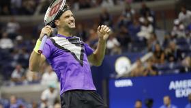 Federer en el partido de cuartos de final del US Open contra Dimitrov.
