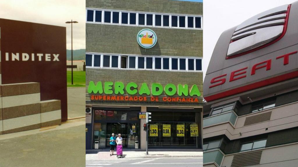 Fotomontaje de la sede de Inditex en Arteixo, un supermercado Mercadona en Tavernes Blanques y la sede de Seat en Martorell.