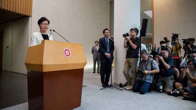 La líder de Hong Kong, Carrie Lam, en rueda de prensa.