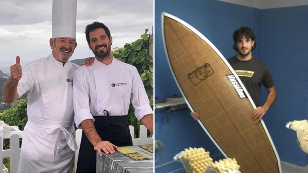 A la izquierda, Karlos Arguiñano y su hijo, Joseba. A la derecha, Joseba, repostero y amante del surf