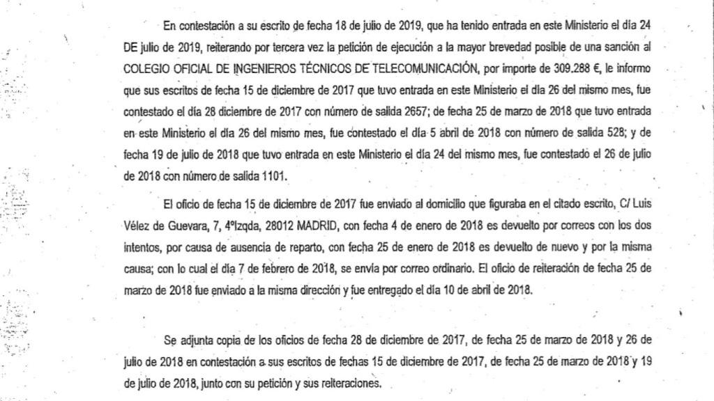 Extracto de la carta enviada por el Ministerio.