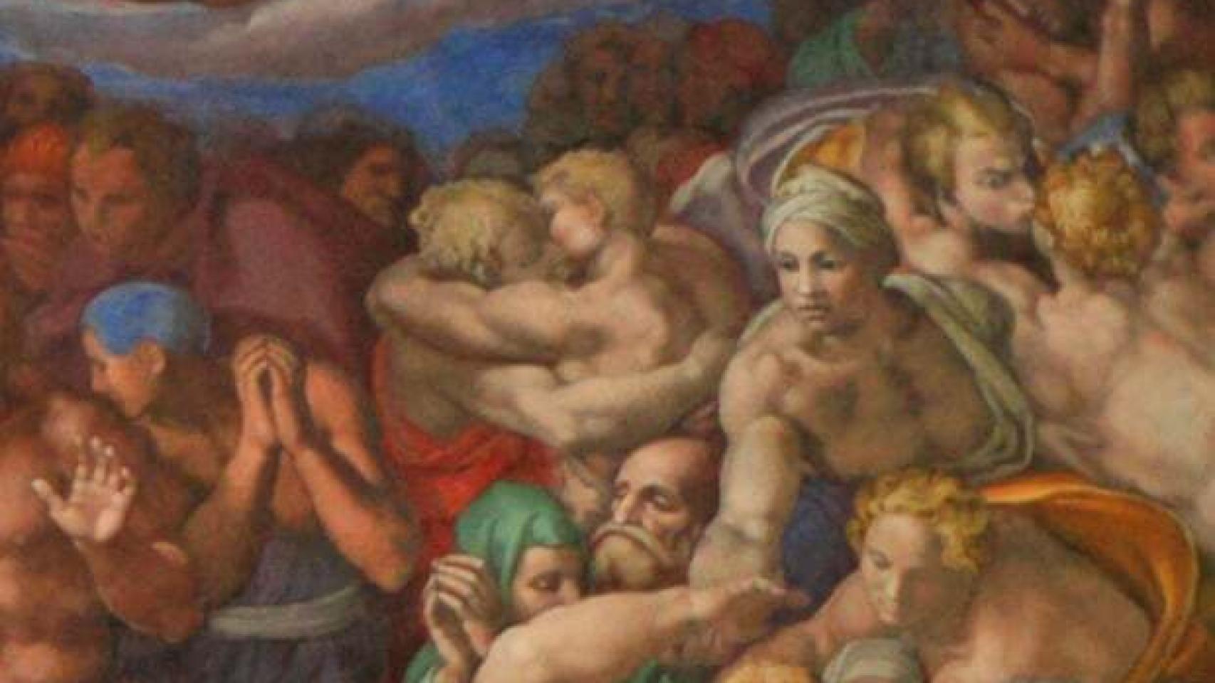 Parte del fresco del Juicio Final en la Capilla Sixtina, que representa un beso entre dos hombres.