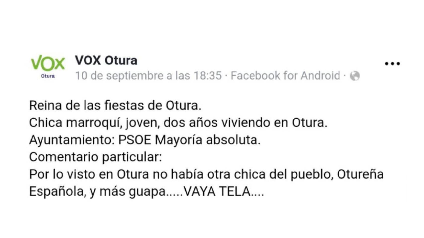 El comentario xenófobo de Vox en Facebook.