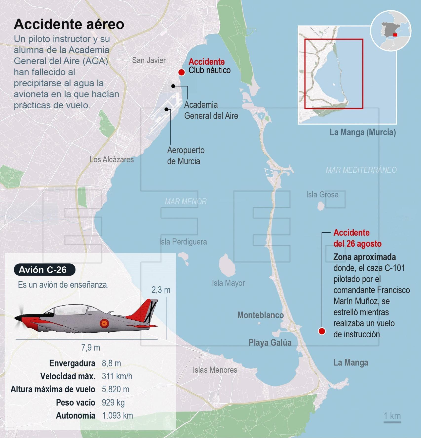 Ubicación de los dos accidentes de avión registrados en San Javier
