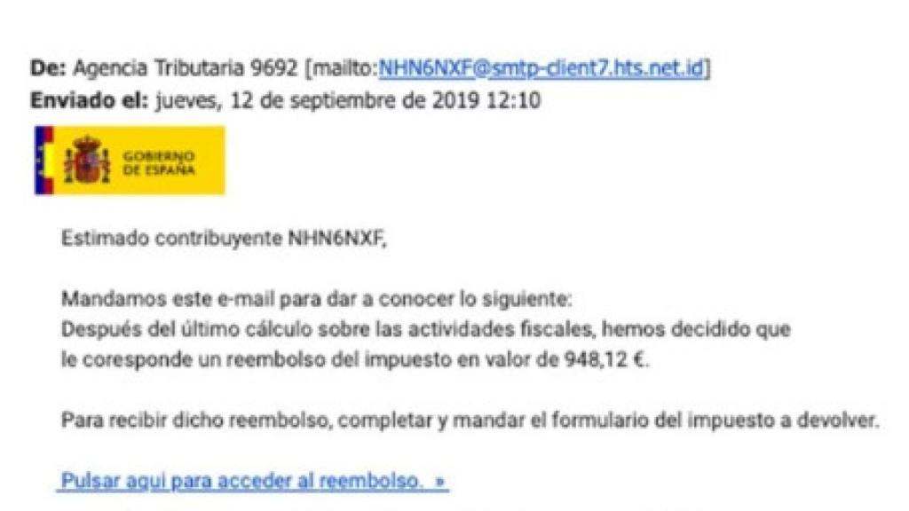 Falso correo de la Agencia Tributaria. Ejemplo de phishing