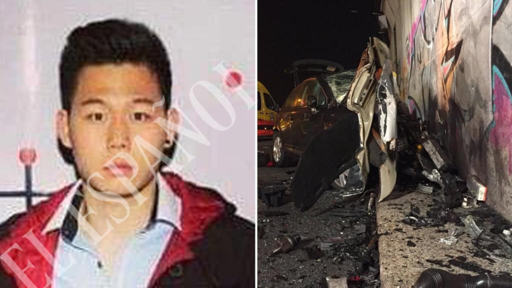 Kevin, a la izquierda, junto a una imagen del coche siniestrado tras el accidente.