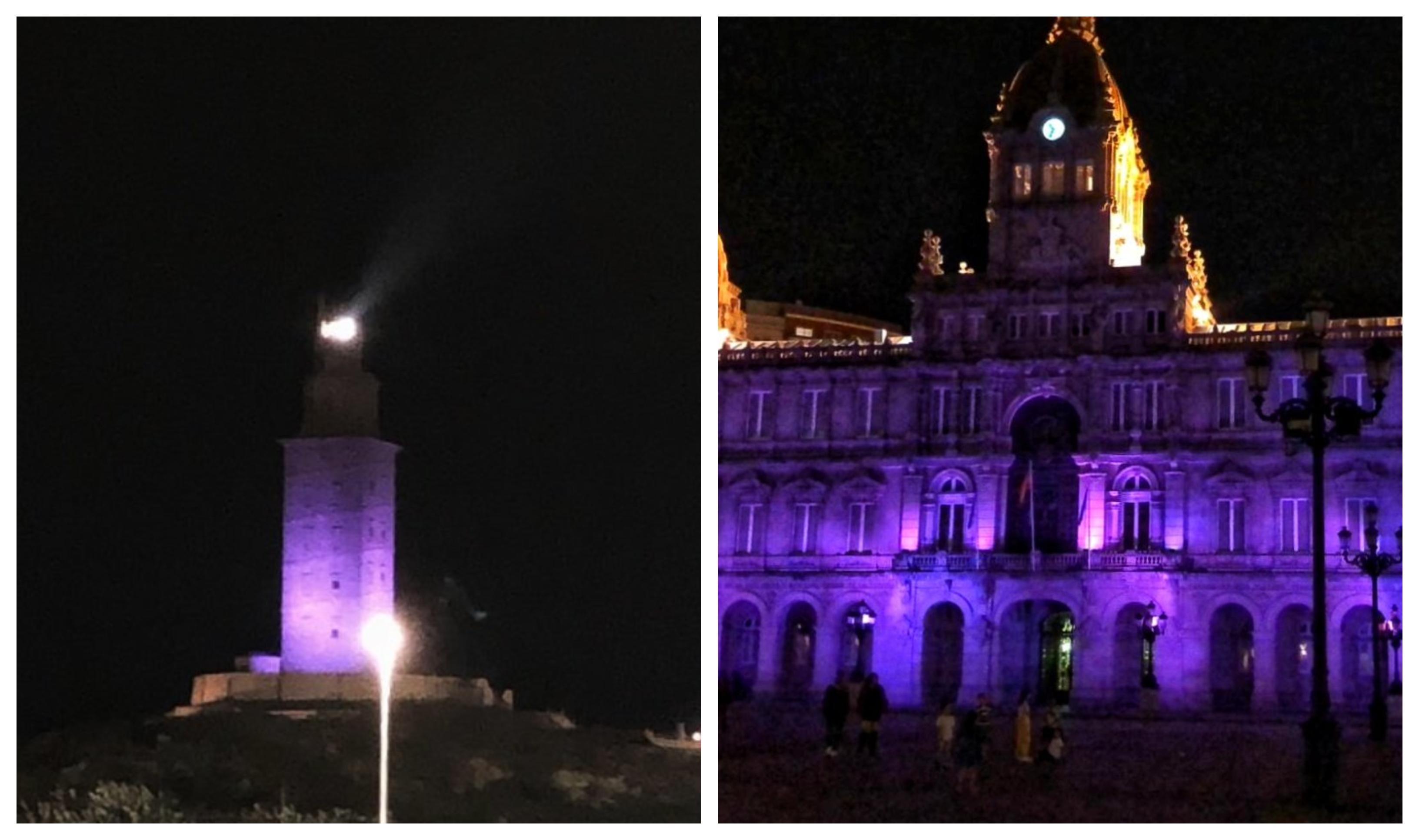 La Torre de Hércules y María Pita, iluminadas de violeta anoche (@EloyTP)