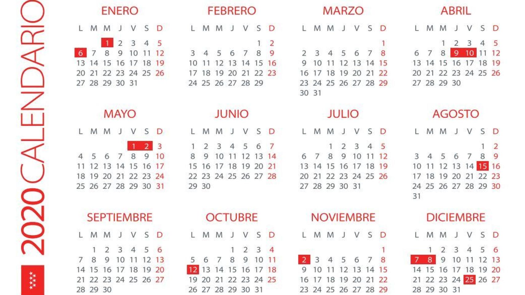 Este es el calendario de festivos de la Comunidad de Madrid para el año 2020