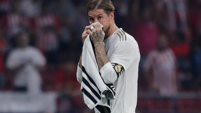 Sergio Ramos, en un momento del partido entre el Atlético de Madrid y el Real Madrid