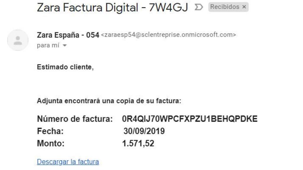 Usan la marca y el CIF de Zara para intentar distribuir un virus por email