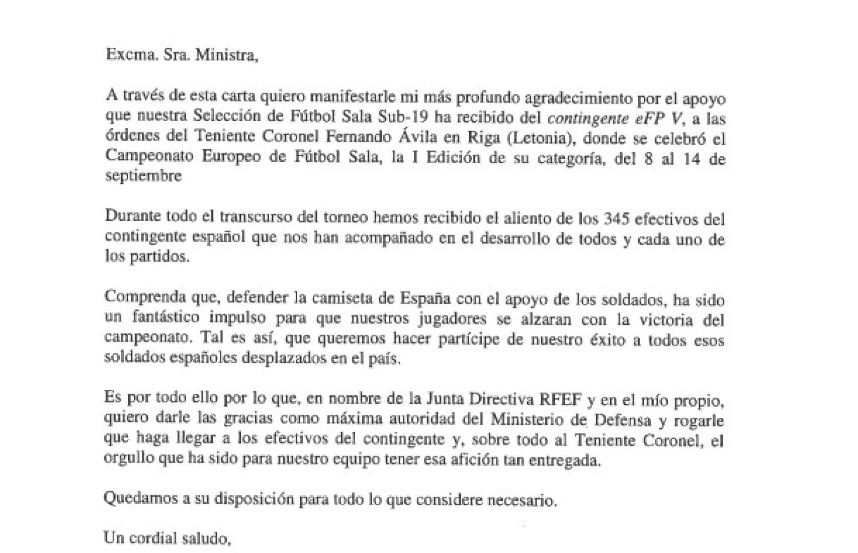 La carta enviada por Rubiales a Robles.