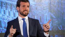 El líder del PP, Pablo Casado, durante su intervención en el congreso de CEAPI, este martes en Madrid.