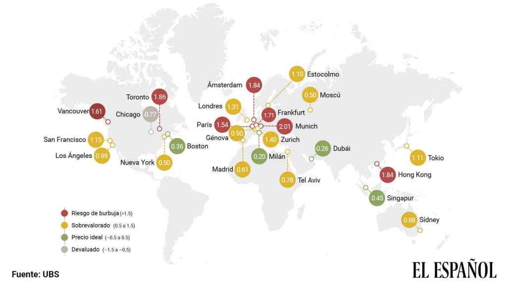 Mapa de las ciudades con mayor riesgo de burbuja, según UBS.