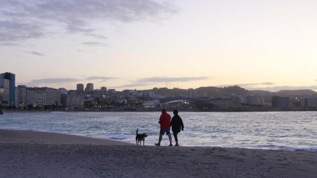 Una pareja paseando con su perro en el Orzán.