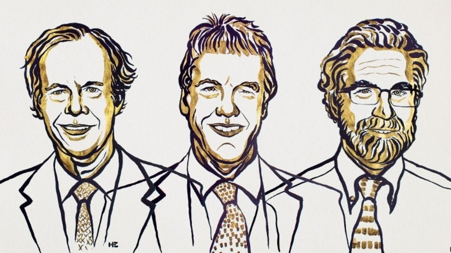 William G. Kaelin Jr, Sir Peter J. Ratcliffe y Gregg L. Semenz. Ilustración: Niklas Elmedhed. © Nobel Media.