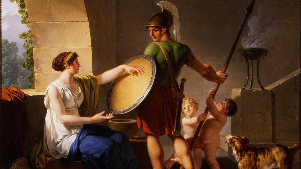 Mujer espartana entrega un escudo a su hijo (1805).