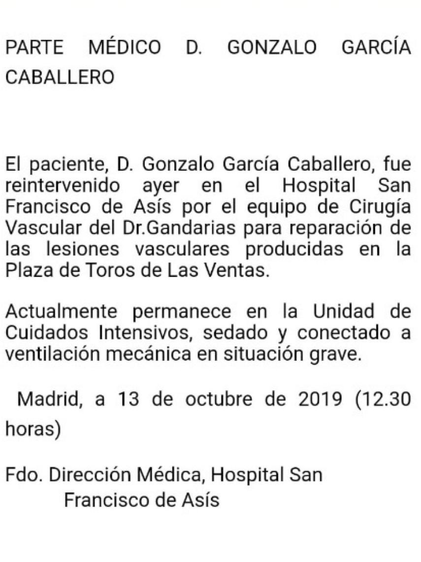 Último parte médico de Gonzalo Caballero tras la intervención.