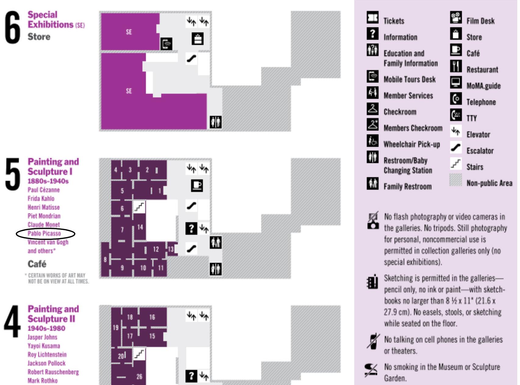 Imagen del anterior mapa del MOMA donde sí aparece el nombre de Picasso. Concretamente entre Monet y Van Gogh.