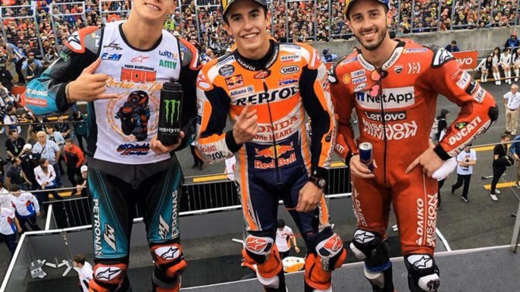 Márquez, Quartararo y Dovizioso, en el podio del Twin Ring Motegi.