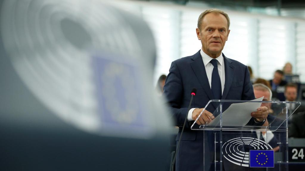 Donald Tusk, durante el debate sobre el 'brexit' este martes en la Eurocámara