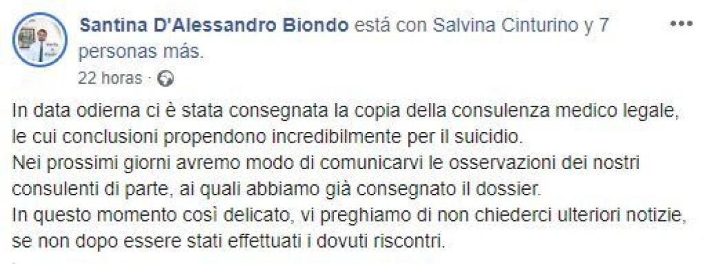 Post de Santina D'Alessandro en Facebook.