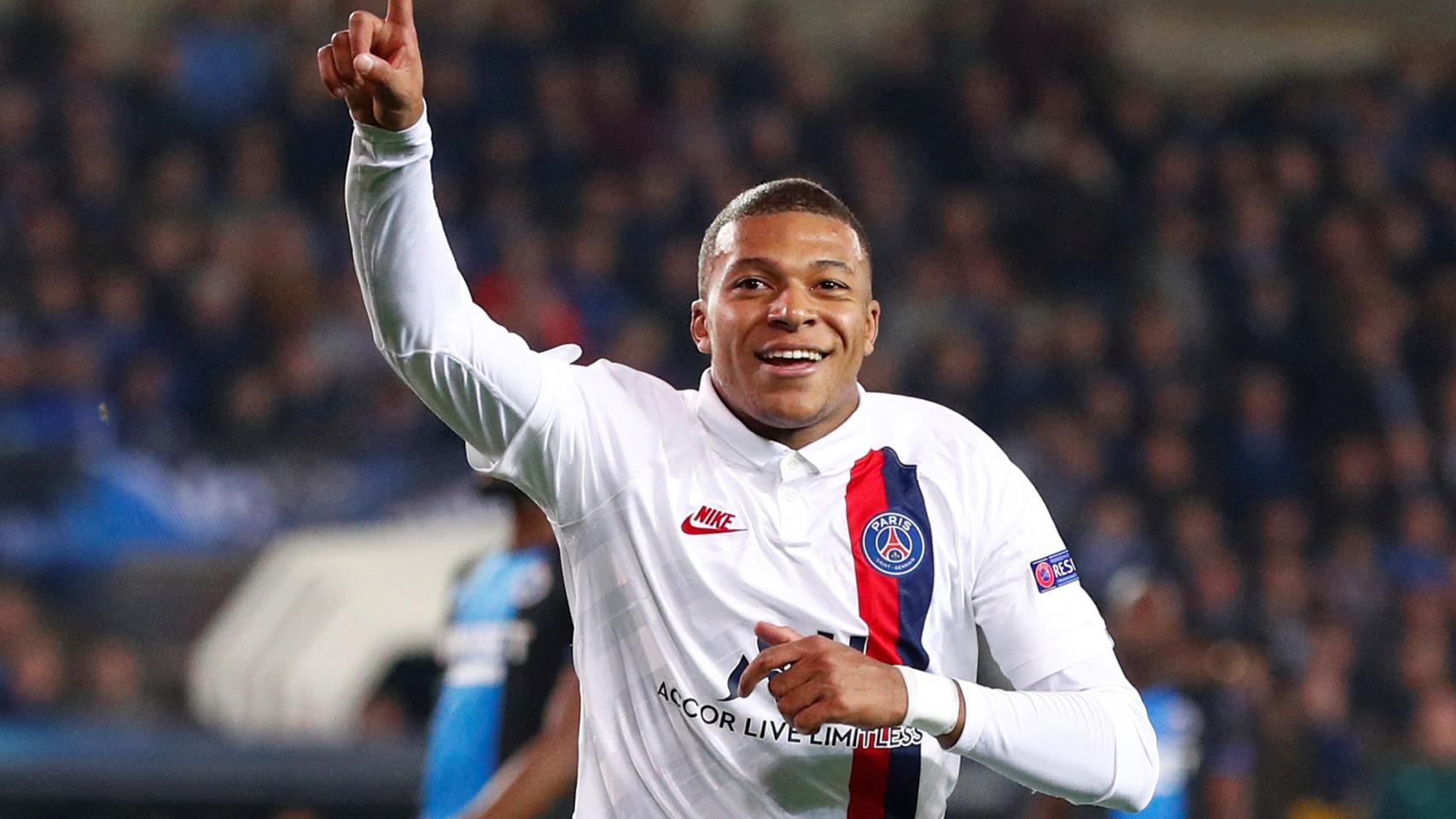 Kylian Mbappé celebra un gol con el PSG en la Champions League