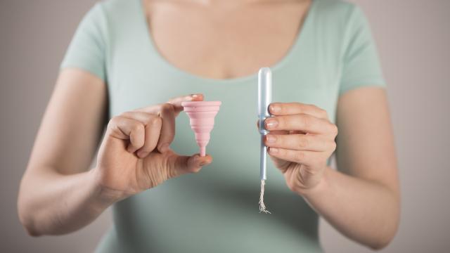 Una imagen de archivo de una mujer sujetando una copa menstrual y un tampón con aplicador de plástico.