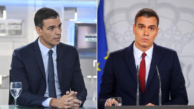 Pedro Sánchez en una reciente entrevista en Telecinco y en su comparecencia en Moncloa tras la exhumación de Franco.