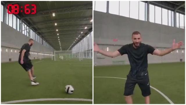 Karim Benzema destroza el 'cross bar challenge'