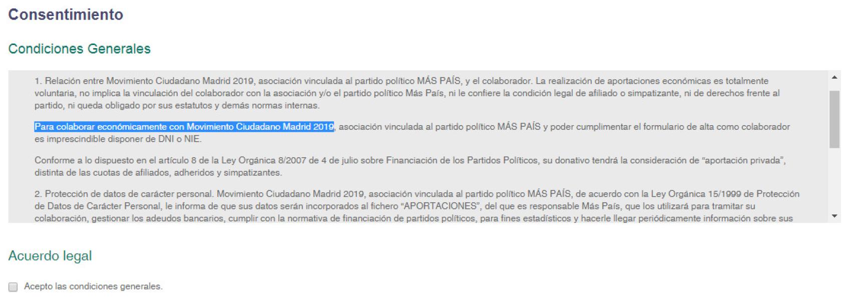 Condiciones del microcrédito que solicita Más País con su asociación vinculada Movimiento Ciudadano Madrid 2019.