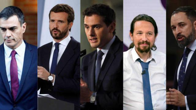 Pedro Sánchez, Pablo Casado, Albert Rivera, Pablo Iglesias y Santiago Abascal.