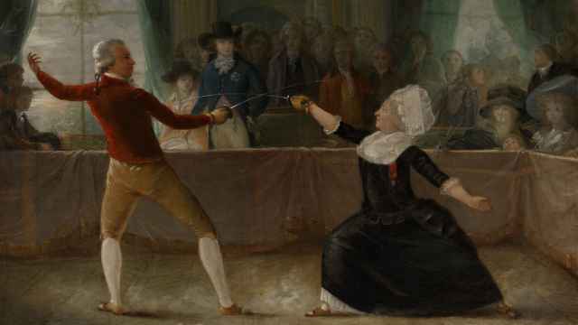 Cuadro de Alexandre-Auguste Robineau que retrata un duelo de esgrima entre del caballero d'Eon, vestido de mujer.