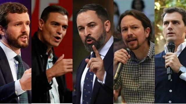 De izq. a dcha.: Pablo Casado,  Pedro Sánchez, Santiago Abascal, Pablo Iglesias y Albert Rivera.