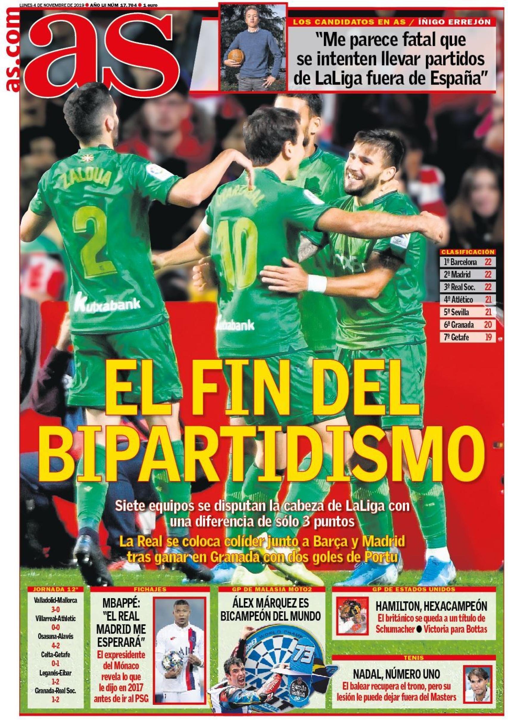 La portada del diario AS (04/11/2019)