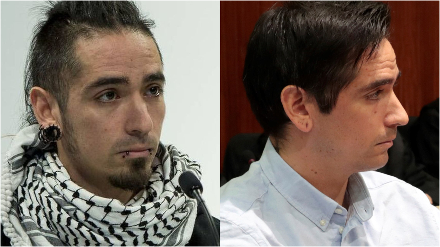 Rodrigo Lanza, a la izquierda, con pinta de antisistema. A la derecha, muestra otra imagen en el juicio.